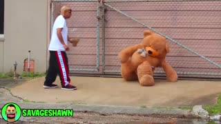 Giant Teddy Bear Smacking peoples drinks prank!