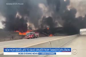 Mother helps rescue truck driver from fiery crash