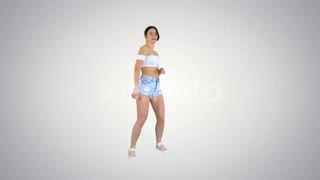 Adorable hispanic female model in denim shorts dancing _ Stock Footage